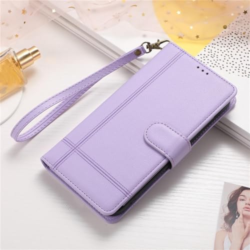 HJZSZX Für iPhone 14 Plus Mirror Crossbody Leder Wallet Card Phone Case Lanyard Flip Cover (Für iPhone 14 Plus/LILA) von HJZSZX