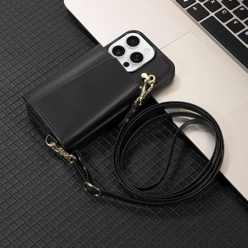HJZSZX Für iPhone 14 Pro Handyhülle, langes Schlüsselband, Leder, Brieftasche, Kartenhülle, Handgelenksseil, Flip Bag, Crossbody (für iPhone 14 Pro/Schwarz) von HJZSZX