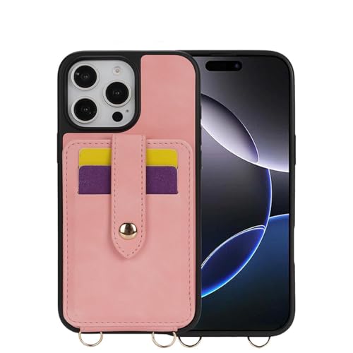 HJZSZX Für iPhone 14 Pro Mirror Crossbody Leder Wallet Kartensteckplatz Handyhülle Lanyard Flip Stand Cover (Für iPhone 14 Pro/Pink) von HJZSZX