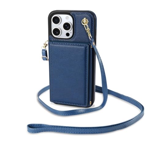 HJZSZX Für iPhone 15 Plus Handyhülle Crossbody Leder Brieftasche Kartenhülle Flip Geldbörse Rückentasche (Für iPhone 15 Plus/Blau) von HJZSZX