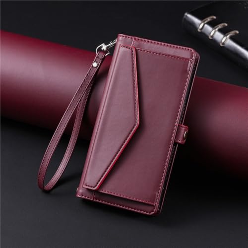 HJZSZX Für iPhone 15 Plus Langes Lanyard Leder Brieftasche Karten-Telefonhülle Handseil-Flip-Cover (Für iPhone 15 Plus/Rot) von HJZSZX