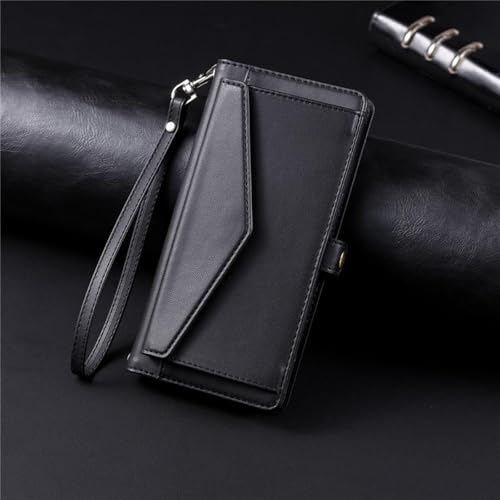 HJZSZX Für iPhone 15 Plus langes Lanyard-Leder-Geldbörsen-Karten-Telefonhülle Handseil-Flip-Cover (für iPhone 15 Plus/schwarz) von HJZSZX