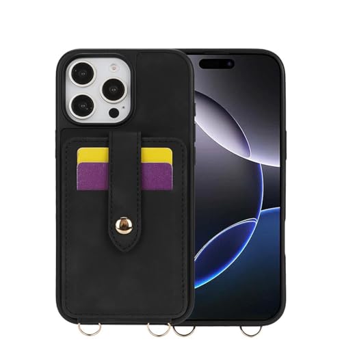 HJZSZX Für iPhone 15 Pro Max Mirror Crossbody Leder Wallet Kartensteckplatz Handyhülle Lanyard Flip Stand Cover (Für iPhone 15 Pro Max/Schwarz) von HJZSZX