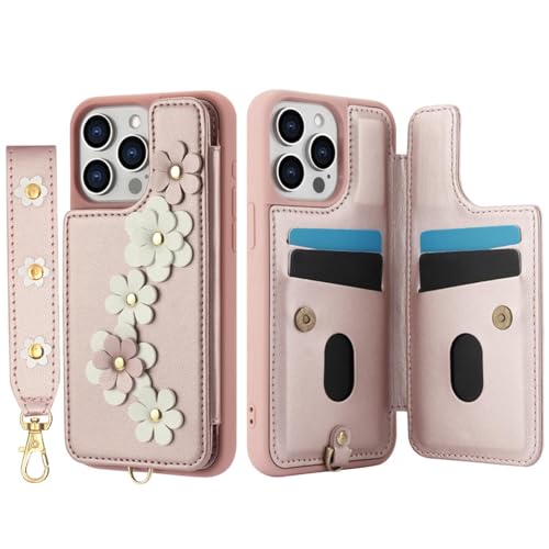 HJZSZX Für iPhone 16 Plus, langes Lanyard, Leder, Brieftasche, Kartenhalter, Handyhülle, Handschlaufe, Flip-Cover (für iPhone 16 Plus/Roségold) von HJZSZX