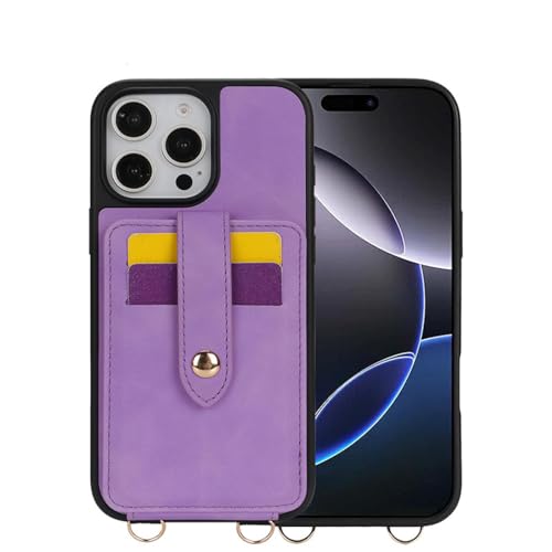 HJZSZX Für iPhone 16 Pro Max Mirror Crossbody Leder Wallet Kartensteckplatz Handyhülle Lanyard Flip Stand Cover (Für iPhone 16 Pro Max/Lila) von HJZSZX