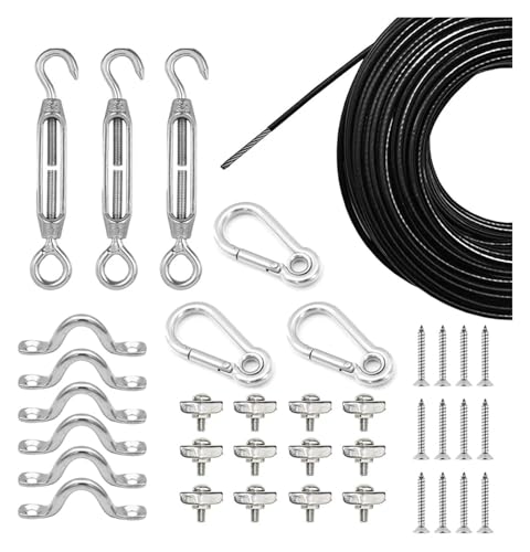 Drahtseil-Set, Drahtseil-Set, 50 m langes Lichterketten-Aufhängeset, robustes Kabel aus Edelstahl 304, Spannschlosshaken, Drahtseil-Set for den Außenbereich Drahtseil-Set, Drahtseil-Set, 50 m langes Lichterketten-Aufhängeset, robustes Kabel aus Edelstahl 304, Spannschlosshaken, Drahtseil-Set for den Außenbereich von HLHLH