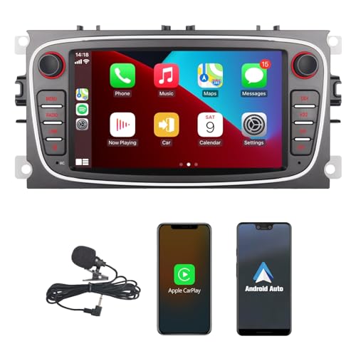 HLLECARMO Autoradio Wireless Apple Carplay & Android Auto für Ford Focus Mondeo C-MAX S-MAX Galaxy II Kuga Schwarz Mirror Link Bluetooth mit 7" Touchscreen RDS AM/FM USB DSP High Power Subw EQ SWC von HLLECARMO