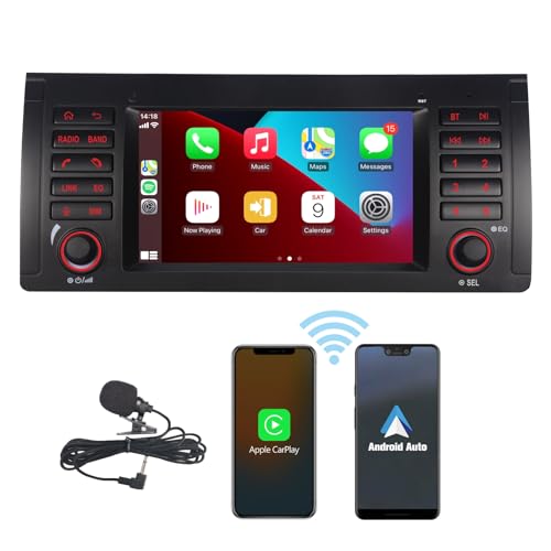 HLLECARMO BMW E39 Autoradio mit Wireless Carplay und Android Auto 7 Zoll Touchscreen Mirror Link Bluetooth RDS AM/FM USB DSP Subw EQ SWC für BMW E39 5 Series 1996-2003& X5 von HLLECARMO