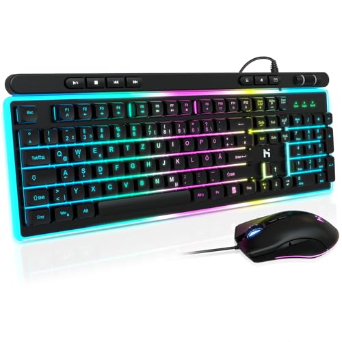 HLONONE Gaming Tastatur und Maus Set, QWERTZ DE Layout, Regenbogen LED Hintergrundbeleuchtung, USB Verkabelt, Ergonomische Gaming Tastatur mit Maus, 7200 DPI, für PC, MAC, PS4, PS5, Xbox, Schwarz von HLONONE