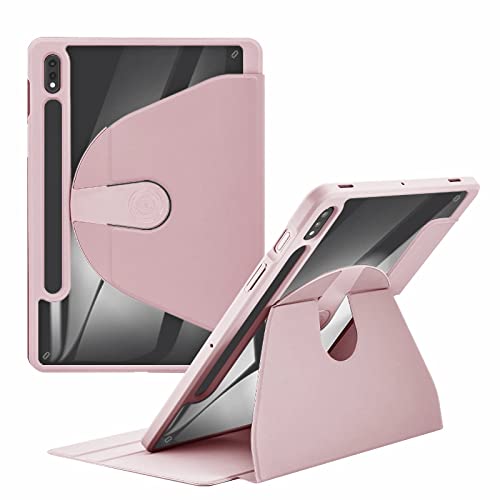 HLTOOP Hülle für Samsung Galaxy Tab S8 Plus 2022/S7 FE/S7 Plus 12,4 Zoll – 360 Grad Drehbare Ständer-Schutzhülle Mit Durchsichtiger Rückseite,Rosa von HLTOOP