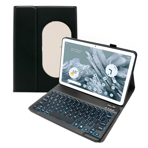 HLTOOP Tastatur Hülle für Google Pixel Tablet 11" 2023, 7 Farben Hintergrundbeleuchtung, Abnehmbare Kabellose Tastatur mit PU-Lederhülle,Schwarz von HLTOOP