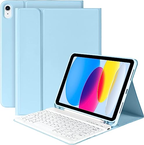 Tastatur Hülle für iPad 10. Generation 2022 (10.9 Zoll), QWERTZ Layout, Schutzhülle mit TPU Rückschale, Pencil Halter und magnetisch Abnehmbarer Tastatur,Blau,German Keyboard von HLTOOP