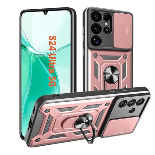 HLVEXH Hülle für Samsung Galaxy S24 Ultra, Handyhülle mit Kameraschutz, Case mit Magnetisch Ring Ständer, Robust Fallschutz Outdoor Militär Schutzhülle Galaxy S24 Ultra (Roségold) von HLVEXH
