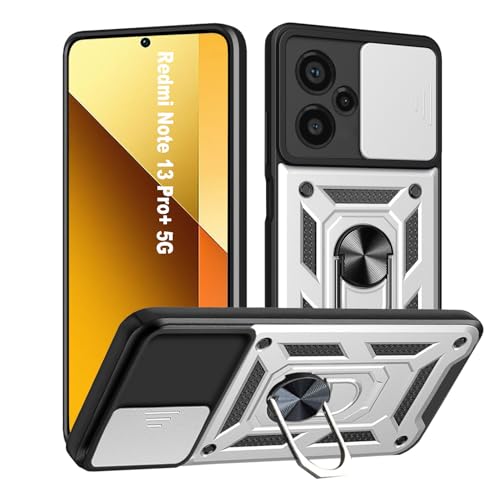 HLVEXH Hülle für Xiaomi Redmi Note 13 Pro Plus 5G (6.67"), Kameraschutz Handyhülle mit 360 Grad Ring Ständer Weich TPU Bumper Stoßfest + Hart PC Rückseite Kratzfest Tough Armor Schutzhülle - Silber von HLVEXH