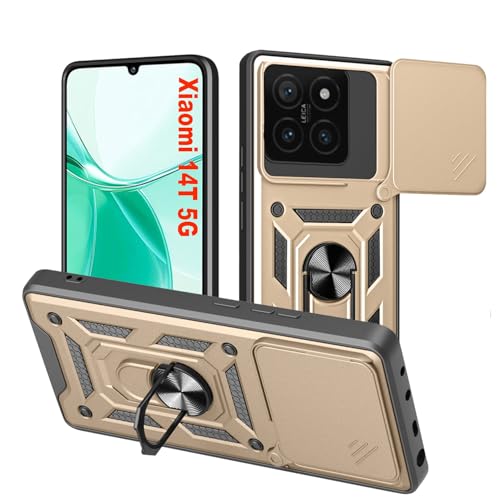 HLVEXH für Xiaomi 14T 5G Hülle mit 360 Grad Ring Ständer (6.67"), Handyhülle mit Kameraschutz, Weich TPU Bumper Stoßfest + Hart PC Rückseite Kratzfest Tough Armor Schutzhülle Case - Gold von HLVEXH