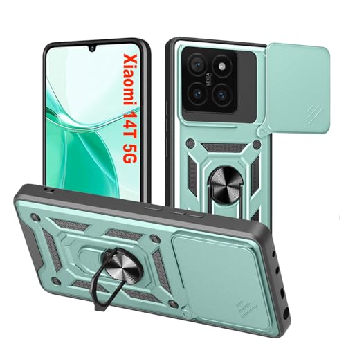 HLVEXH für Xiaomi 14T 5G Hülle mit 360 Grad Ring Ständer (6.67"), Handyhülle mit Kameraschutz, Weich TPU Bumper Stoßfest + Hart PC Rückseite Kratzfest Tough Armor Schutzhülle Case - Grün von HLVEXH