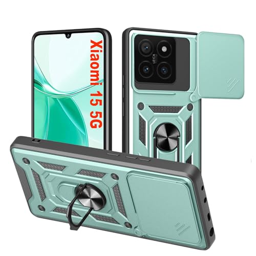 HLVEXH für Xiaomi 15 5G Hülle mit 360 Grad Ring Ständer (6.36"), Handyhülle mit Kameraschutz, Weich TPU Bumper Stoßfest + Hart PC Rückseite Kratzfest Tough Armor Schutzhülle Case - Grün von HLVEXH