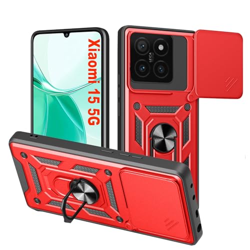 HLVEXH für Xiaomi 15 5G Hülle mit 360 Grad Ring Ständer (6.36"), Handyhülle mit Kameraschutz, Weich TPU Bumper Stoßfest + Hart PC Rückseite Kratzfest Tough Armor Schutzhülle Case - Rot von HLVEXH