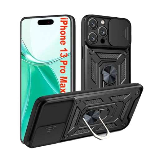 Hülle für iPhone 13 Pro Max 6.7 Zoll, Handyhülle mit Kameraschutz, 360 Grad Ring Ständer, Robust Militär Stoßfest Case Schutzhülle für Apple iPhone 13 Pro Max（Schwarz） von HLVEXH