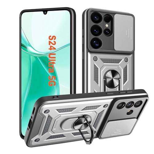 Hülle für Samsung Galaxy S24 Ultra, Kameraschutz mit Slide Camera, Rüstung Schutzhülle mit 360 Grad Ring, Metall Halter Magnet Ständer, TPU Silikon Stoßfest Handyhülle für Samsung S24 Ultra Silber Hülle für Samsung Galaxy S24 Ultra, Kameraschutz mit Slide Camera, Rüstung Schutzhülle mit 360 Grad Ring, Metall Halter Magnet Ständer, TPU Silikon Stoßfest Handyhülle für Samsung S24 Ultra Silber von HLVEXH
