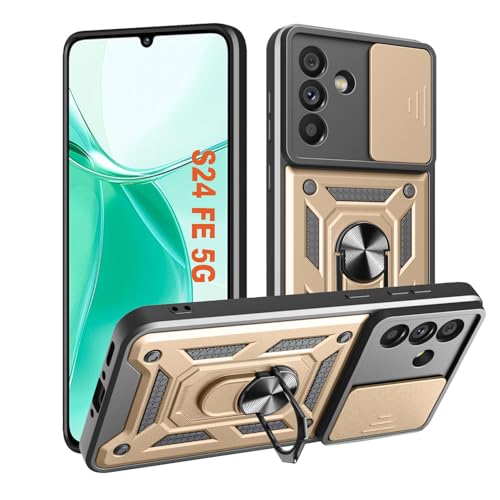 Kameraschutz Hülle für Samsung Galaxy S24 FE 5G Handyhülle mit Metall Ring Ständer Cover Case Kamera Schiebeabdeckung Schutzhülle Militär S 24FE 5 G Handy Hüllen Gold von HLVEXH