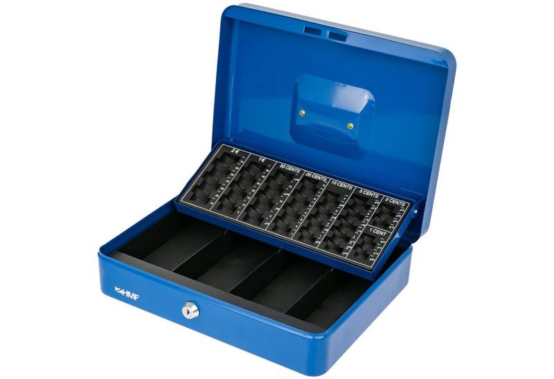 HMF Geldkassette Abschließbare Bargeldkasse mit Münzzählbrett und 4 Banknotenfächern, robuste Geldbox mit Schlüssel, 30,5 x 24 x 8,5 cm, blau von HMF