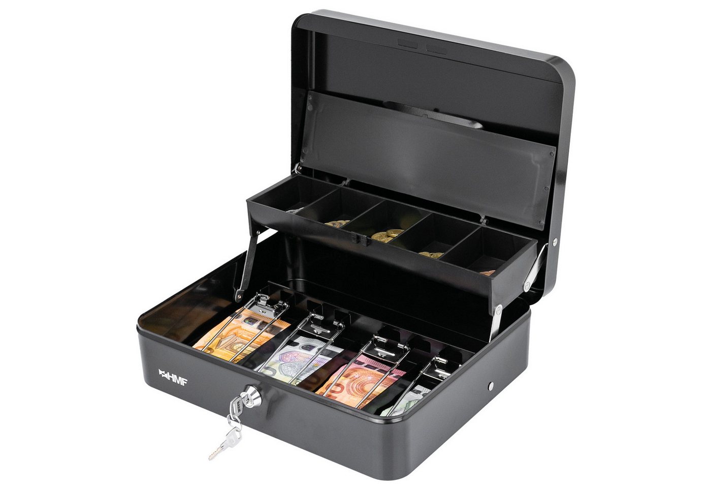 HMF Geldkassette abschließbar mit Münzeinsatz, 4 Scheinfächer mit Klammer, robuste Geldbox mit Schlüssel, 30 x 24 x 9,5 cm, schwarz HMF Geldkassette abschließbar mit Münzeinsatz, 4 Scheinfächer mit Klammer, robuste Geldbox mit Schlüssel, 30 x 24 x 9,5 cm, schwarz von HMF