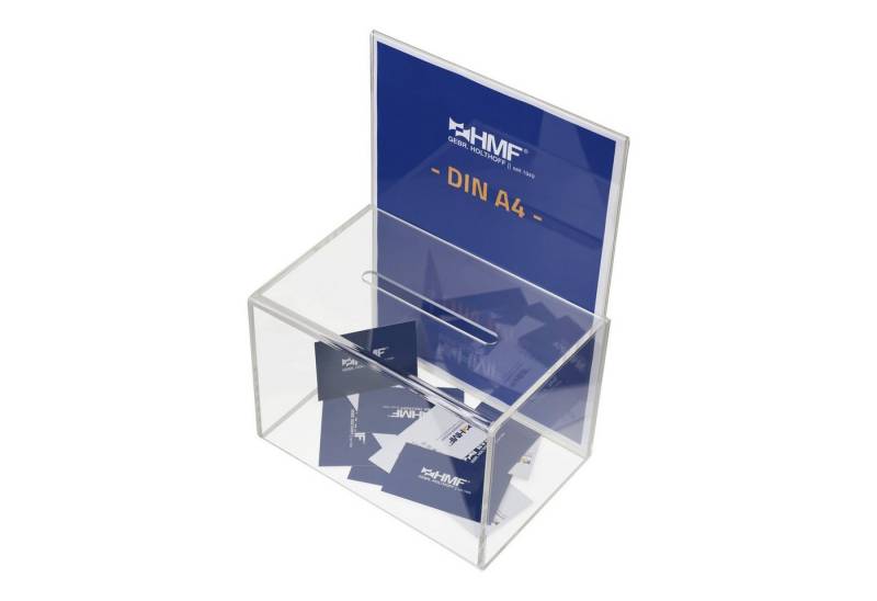 HMF Geldkassette Acryl Spendenbox 4691, Box mit DIN A4 Blatteinschub 22 x 15 x 15 cm, transparent von HMF