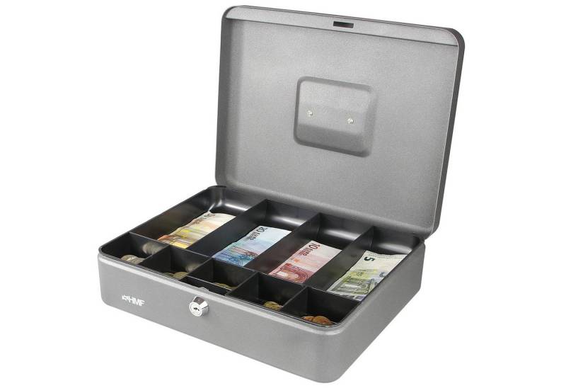 HMF Geldkassette abschließbare Bargeldkasse mit Geldeinsatz für Münzen und Scheine, 30 x 24 x 9 cm, silber von HMF