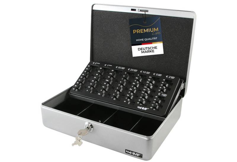 HMF Geldkassette abschließbare Bargeldkasse mit EURO-Münzzählbrett und Scheinfach, hochwertige Geldzählkassette mit Schlüssel, 30 x 24 x 9 cm, silber von HMF