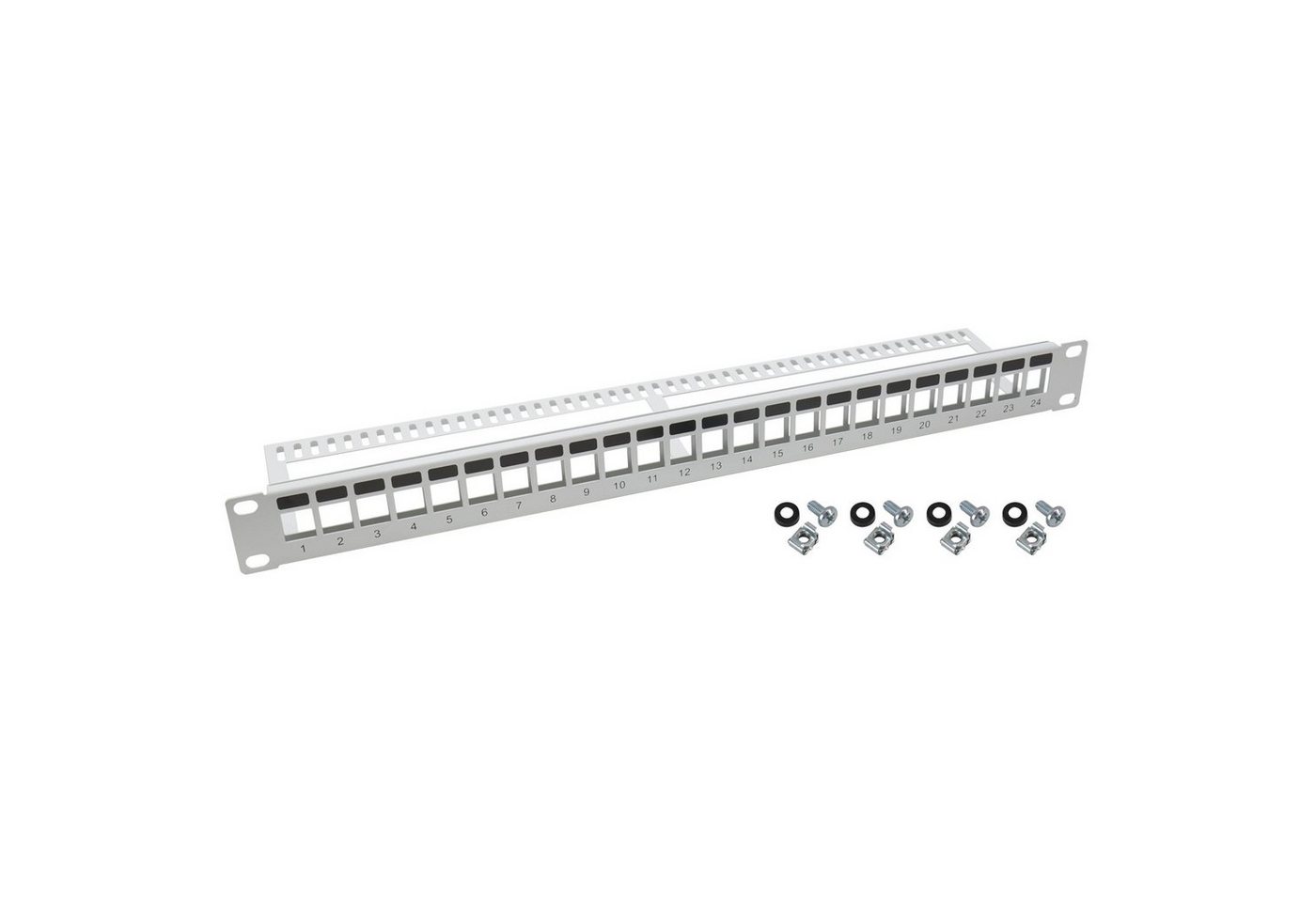 HMF Serverschrank 6644 Patchpanel für Netzwerkschrank, UTP Keystone-Panel, 19 Zoll, 1 HE, 24 Ports RJ45, Lichtgrau von HMF