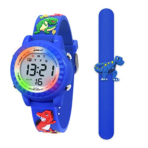 HMJIA 3D Cartoon Design Armbanduhr für Kinder Jungen und Mädchen 3ATM Wasserdicht Kinderuhr mit Wecker/Datum/Stoppuhr/LED (Blaue Dino) von HMJIA