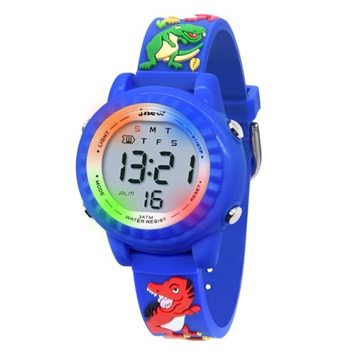 HMJIA 3D Cartoon Design Armbanduhr für Kinder Jungen und Mädchen 3ATM Wasserdicht Kinderuhr mit Wecker/Datum/Stoppuhr/LED (LED Blaue Dino) von HMJIA