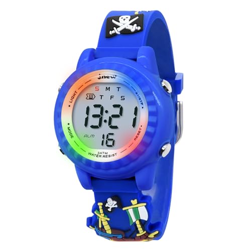 HMJIA 3D Cartoon Design Armbanduhr für Kinder Jungen und Mädchen 3ATM Wasserdicht Kinderuhr mit Wecker/Datum/Stoppuhr/LED (LED Blaues Piratenschiff) von HMJIA