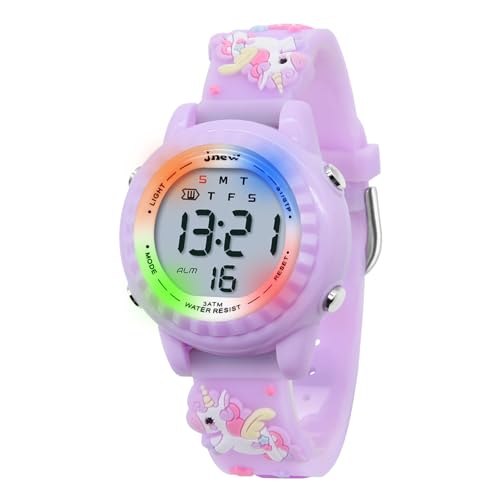 HMJIA 3D Cartoon Design Armbanduhr für Kinder Jungen und Mädchen 3ATM Wasserdicht Kinderuhr mit Wecker/Datum/Stoppuhr/LED (LED Einhorn Lavendel) von HMJIA