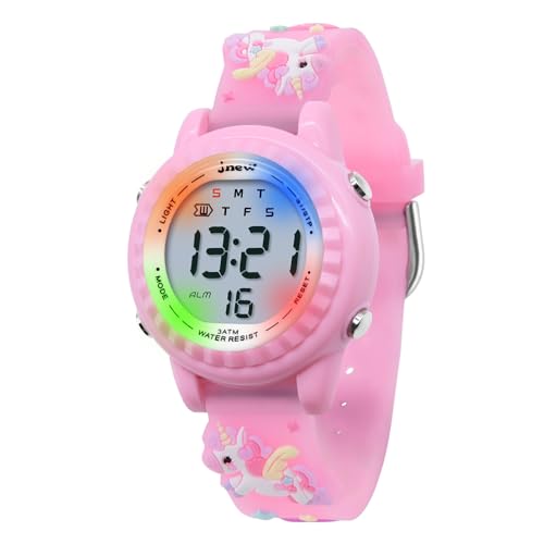 HMJIA 3D Cartoon Design Armbanduhr für Kinder Jungen und Mädchen 3ATM Wasserdicht Kinderuhr mit Wecker/Datum/Stoppuhr/LED (LED Einhorn Rosa) von HMJIA