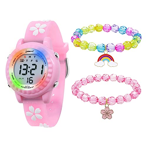 HMJIA 3D Cartoon Design Armbanduhr für Kinder Jungen und Mädchen 3ATM Wasserdicht Kinderuhr mit Wecker/Datum/Stoppuhr/LED (LED Rosa Sakura) von HMJIA