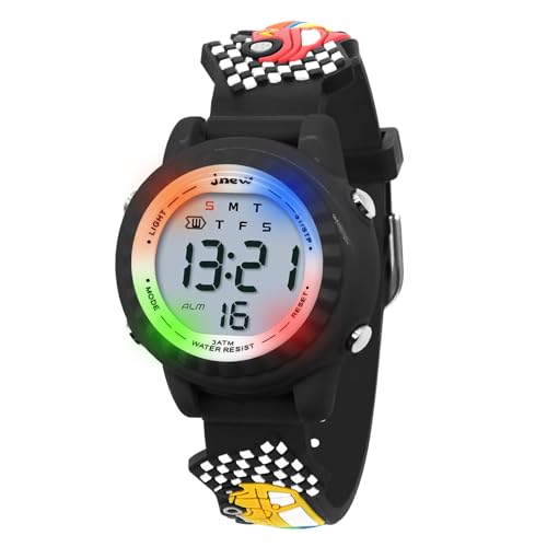HMJIA 3D Cartoon Design Armbanduhr für Kinder Jungen und Mädchen 3ATM Wasserdicht Kinderuhr mit Wecker/Datum/Stoppuhr/LED (LED Schwarzer Rennauto) von HMJIA