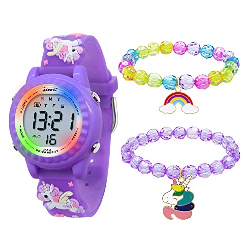 HMJIA 3D Cartoon Design Armbanduhr für Kinder Jungen und Mädchen 3ATM Wasserdicht Kinderuhr mit Wecker/Datum/Stoppuhr/LED (LED Violettes Einhorn) von HMJIA