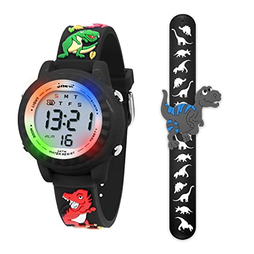 HMJIA 3D Cartoon Design Armbanduhr für Kinder Jungen und Mädchen 3ATM Wasserdicht Kinderuhr mit Wecker/Datum/Stoppuhr/LED (Schwarzer Dinosaurier) von HMJIA