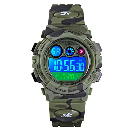 HMJIA Digital Uhren für Kinder 5ATM Sports Digitaluhr für Jungen Kinder Silikon Armbanduhr mit Datum/Wecker/LED/Stoppuhr/Stoßfes (Camouflage Grün) von HMJIA