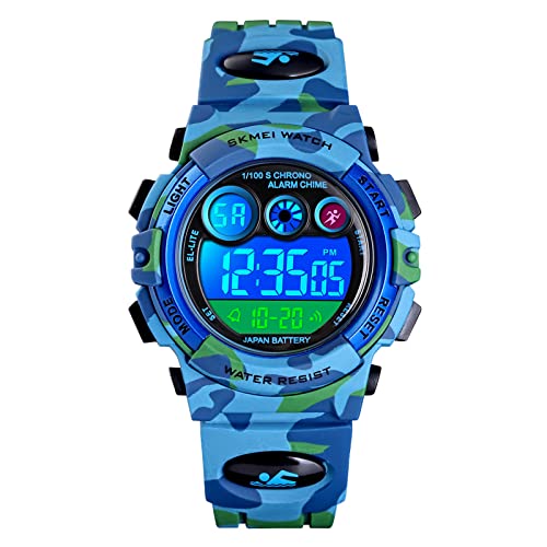 HMJIA Digital Uhren für Kinder 5ATM Sports Digitaluhr für Jungen Kinder Silikon Armbanduhr mit Datum/Wecker/LED/Stoppuhr/Stoßfes (Camouflage Hellblau) von HMJIA