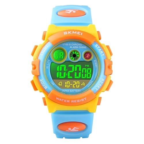 HMJIA Digital Uhren für Kinder 5ATM Sports Digitaluhr für Jungen Kinder Silikon Armbanduhr mit Datum/Wecker/LED/Stoppuhr/Stoßfes (Gelb Blau) von HMJIA