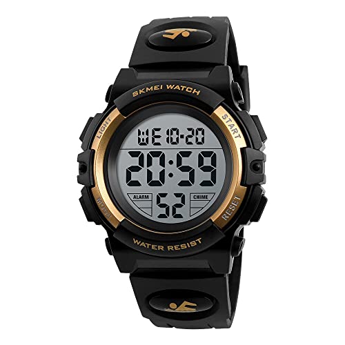 HMJIA Digital Uhren für Kinder 5ATM Sports Digitaluhr für Jungen Kinder Silikon Armbanduhr mit Datum/Wecker/LED/Stoppuhr/Stoßfes (Gold) von HMJIA