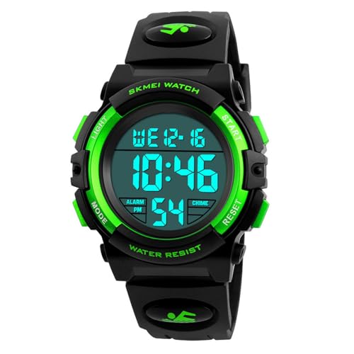 HMJIA Digital Uhren für Kinder 5ATM Sports Digitaluhr für Jungen Kinder Silikon Armbanduhr mit Datum/Wecker/LED/Stoppuhr/Stoßfes (Grün) von HMJIA