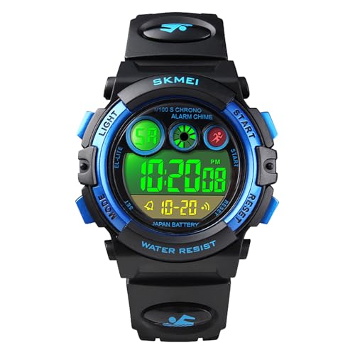 HMJIA Digital Uhren für Kinder 5ATM Sports Digitaluhr für Jungen Kinder Silikon Armbanduhr mit Datum/Wecker/LED/Stoppuhr/Stoßfes (Schwarz Blau) von HMJIA