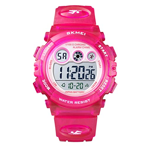 HMJIA Digital Uhren für Kinder 5ATM Sports Digitaluhr für Jungen Kinder Silikon Armbanduhr mit Datum/Wecker/LED/Stoppuhr/Stoßfes (Transparentes Rosenrot) von HMJIA