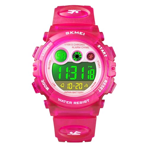 HMJIA Digital Uhren für Kinder 5ATM Sports Digitaluhr für Jungen Kinder Silikon Armbanduhr mit Datum/Wecker/LED/Stoppuhr/Stoßfes (Transparentes Rosenrot) von HMJIA