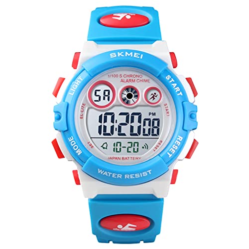 HMJIA Digital Uhren für Kinder 5ATM Sports Digitaluhr für Jungen Kinder Silikon Armbanduhr mit Datum/Wecker/LED/Stoppuhr/Stoßfes (Weiß Blau) von HMJIA