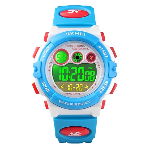 HMJIA Digital Uhren für Kinder 5ATM Sports Digitaluhr für Jungen Kinder Silikon Armbanduhr mit Datum/Wecker/LED/Stoppuhr/Stoßfes (Weiß Blau) von HMJIA